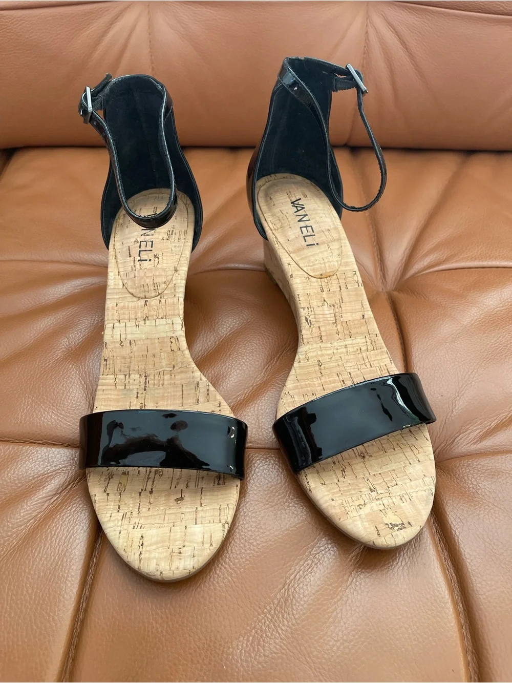 Vaneli Black Patent Cork Wedge Sandals with Ankle Strap women’s size 8